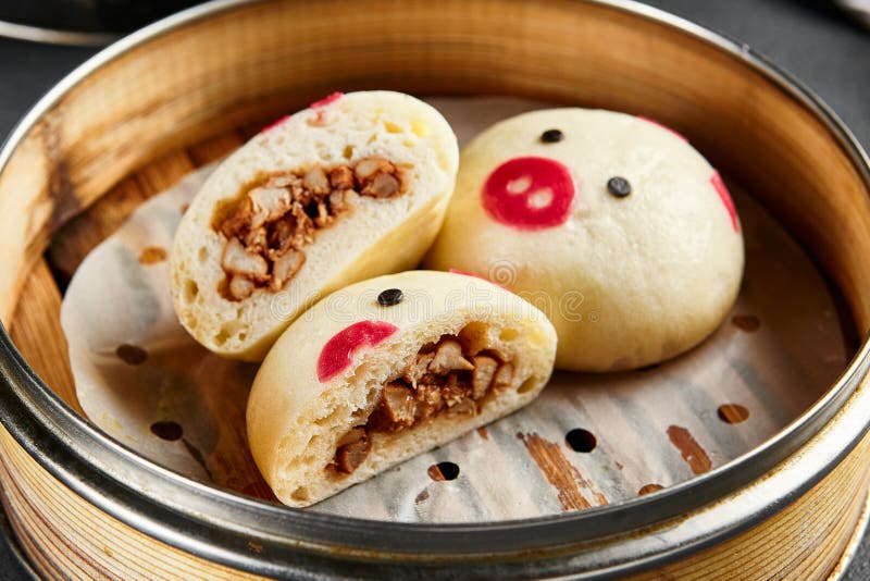 Closed Bao Bun With Pork Inside Delicious Chinese Steamed Food Stock