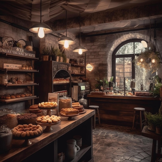 Cozy And Inviting Coffee Shop With Rustic Decor And Warm Lighting Stock