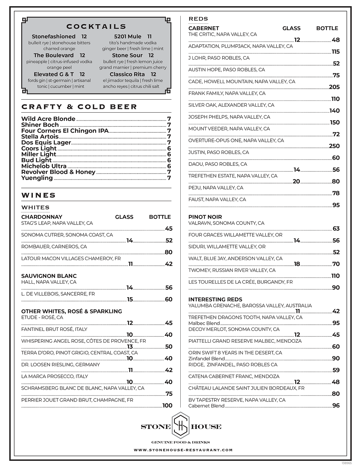 Dinner Menu The Stone House