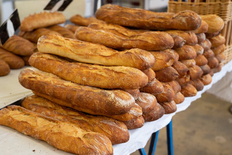 French Bakery Many Fresh Baked Baguettes Breads Ready For Sale Close