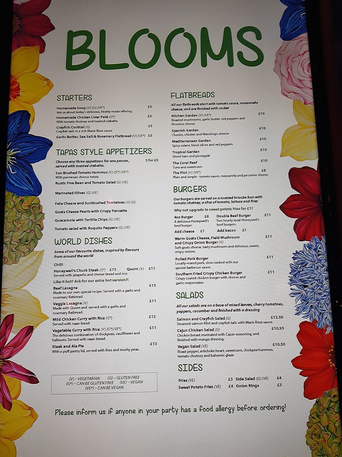 Menu At Blooms Restaurant Myerscough And Bilsborrow