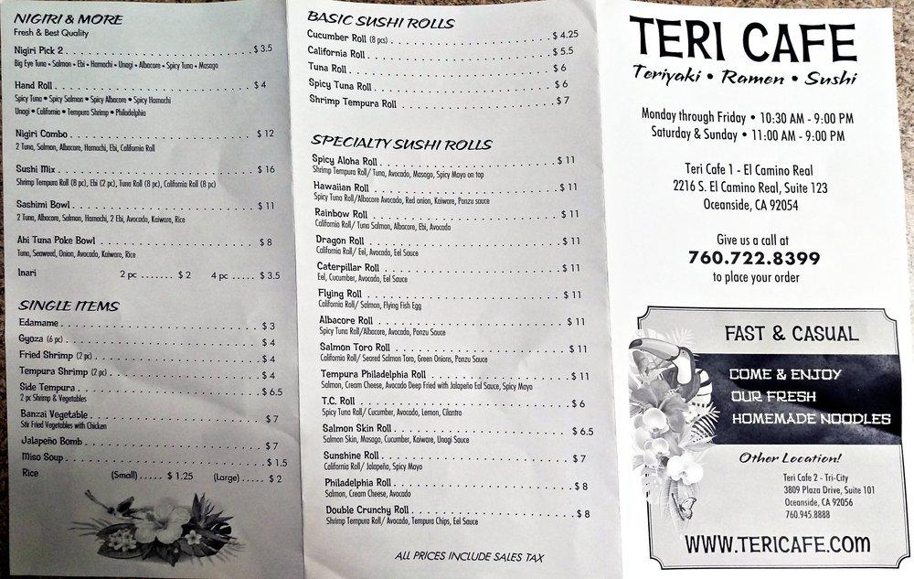 Menu Of Teri Cafe Oceanside S El Camino Real Unit 123 Reviews And