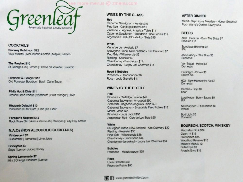 Online Menu Of Greenleaf Restaurant Milford New Hampshire 03055 Zmenu