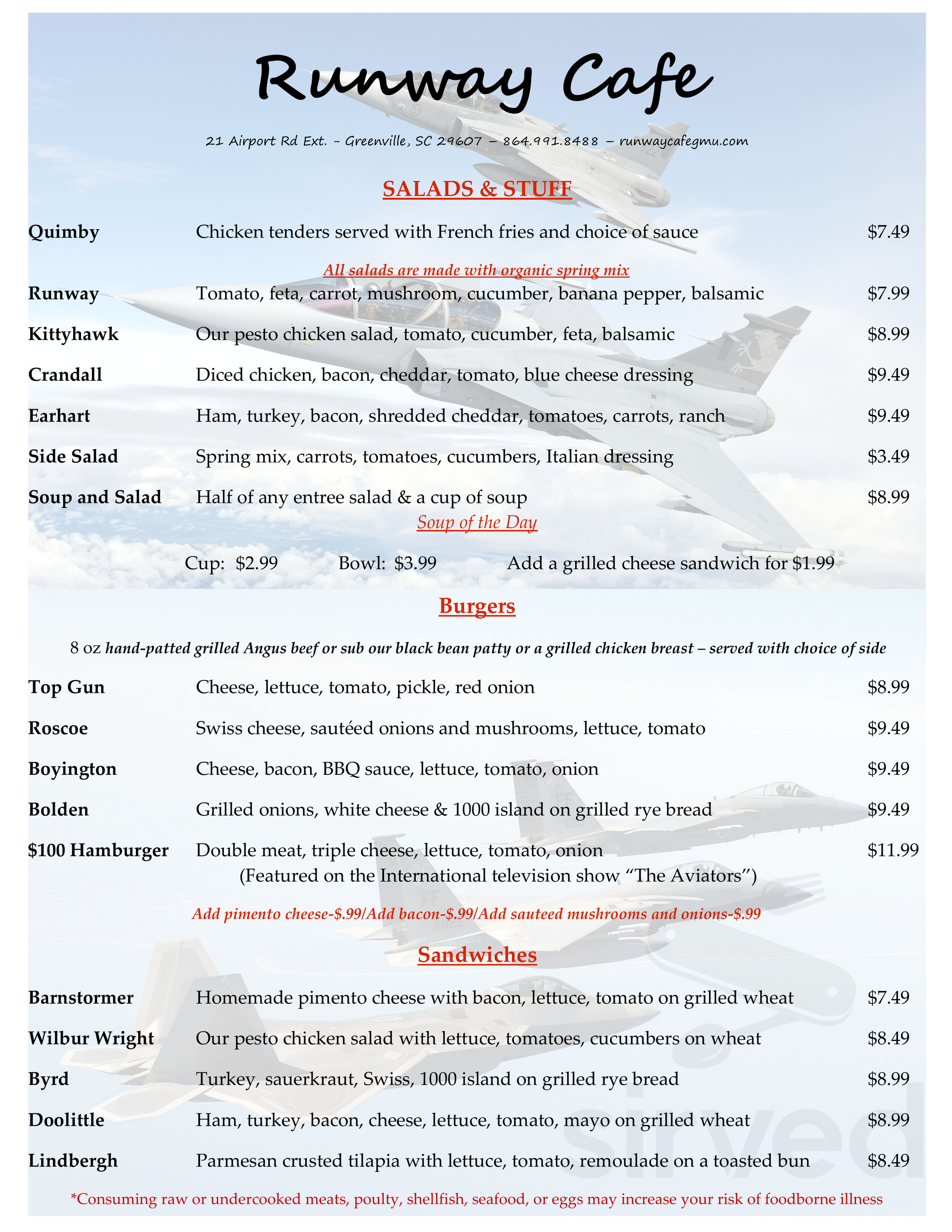 Runway Cafe At Gmu Menu In Greenville South Carolina Usa